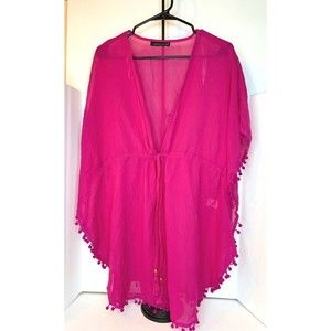 Club Z Collection Pink  Ruffle Cover up Tie Front Sheer Top Shirt Fringe, Medium